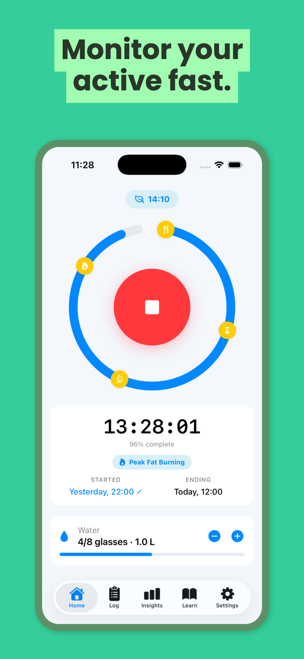 FastSloth App Store screenshot on iPhone showing an active fast in progress