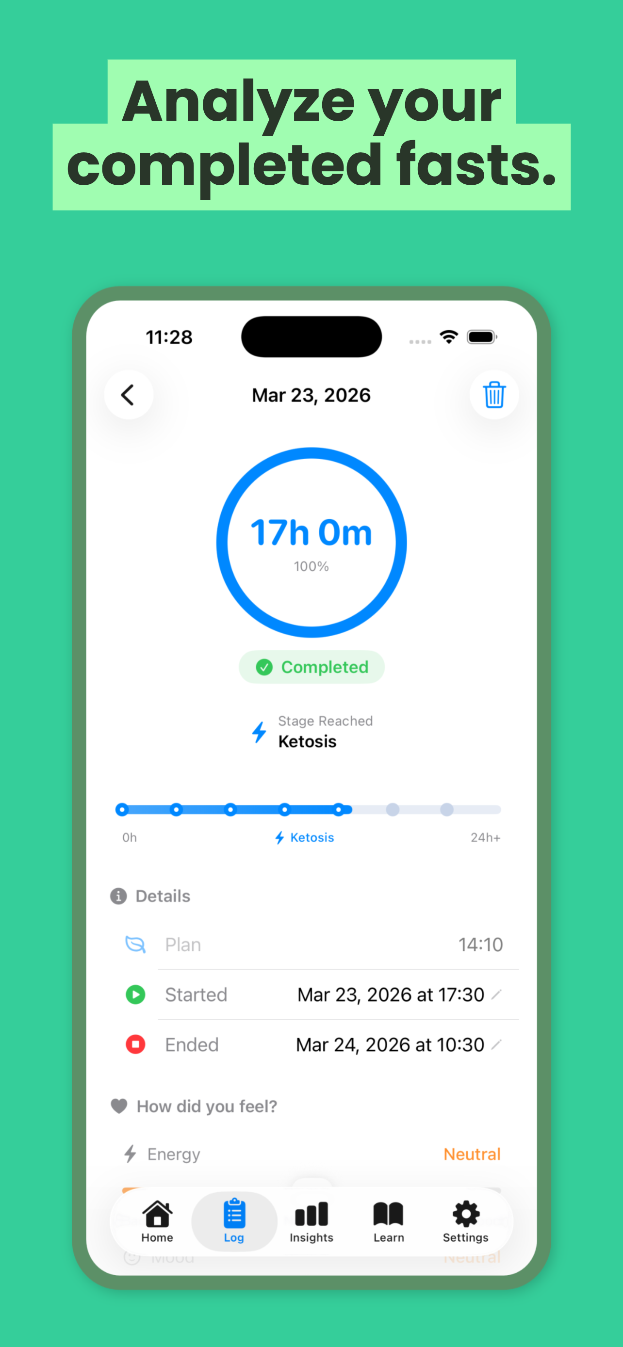 FastSloth App Store screenshot on iPhone showing the details of a completed fast