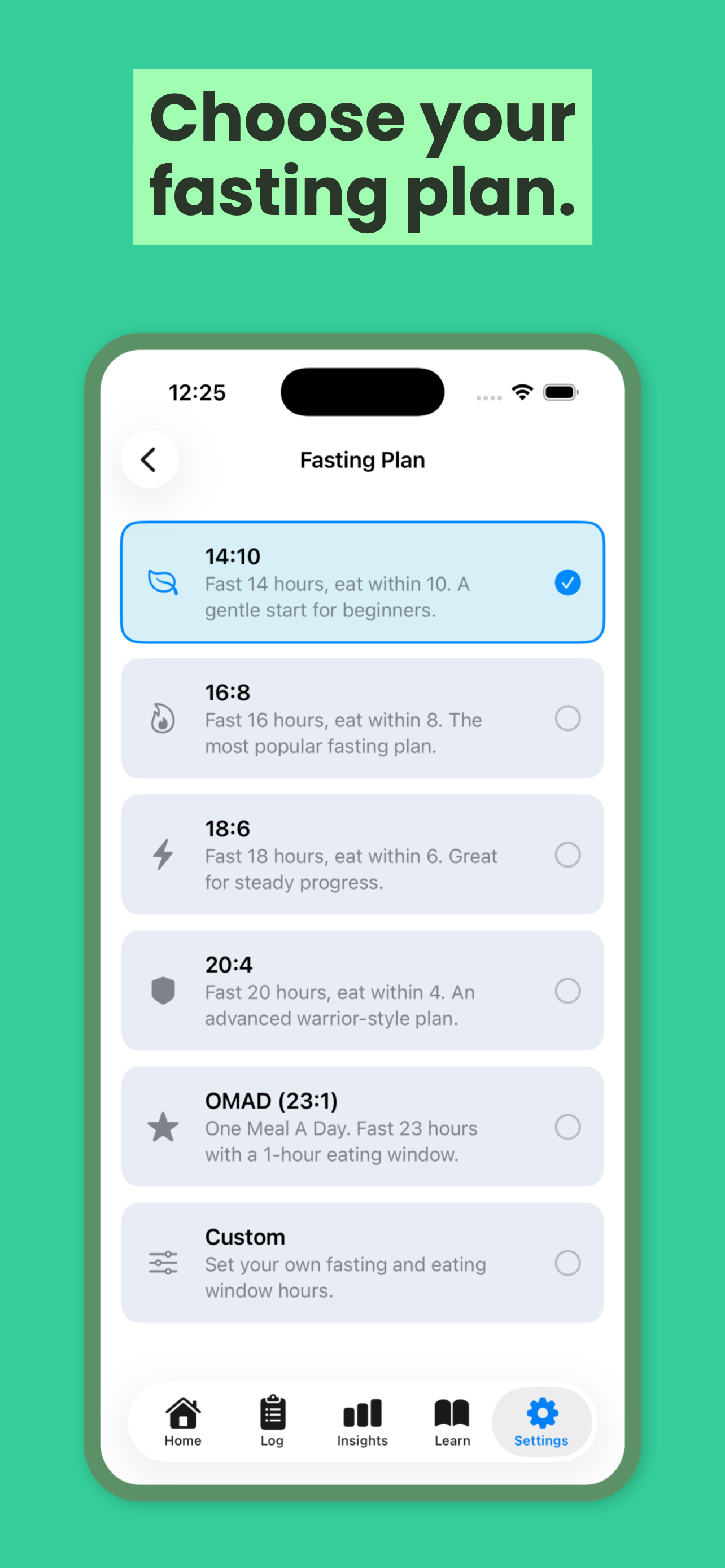 FastSloth App Store screenshot on iPhone showing available fasting plans
