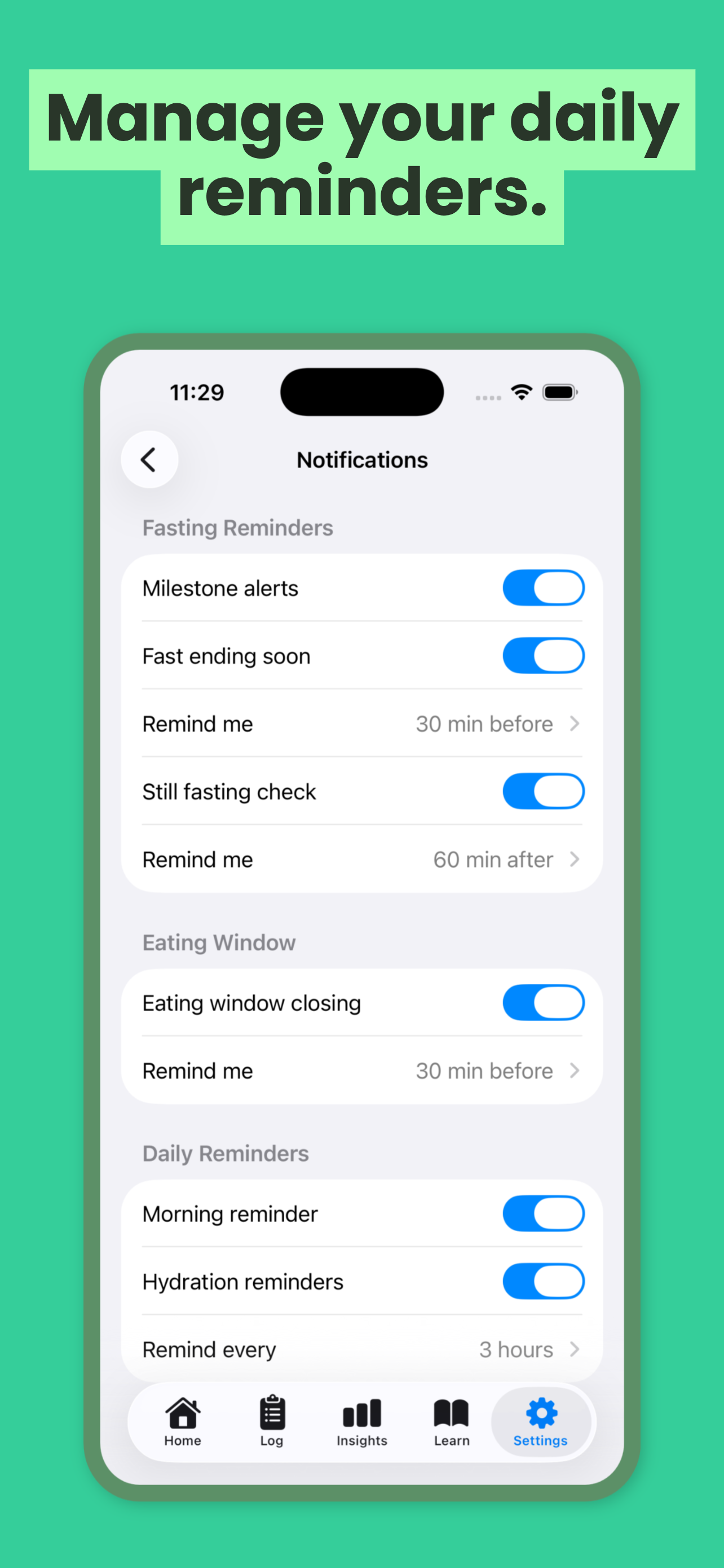 FastSloth App Store screenshot on iPhone showing daily reminder settings
